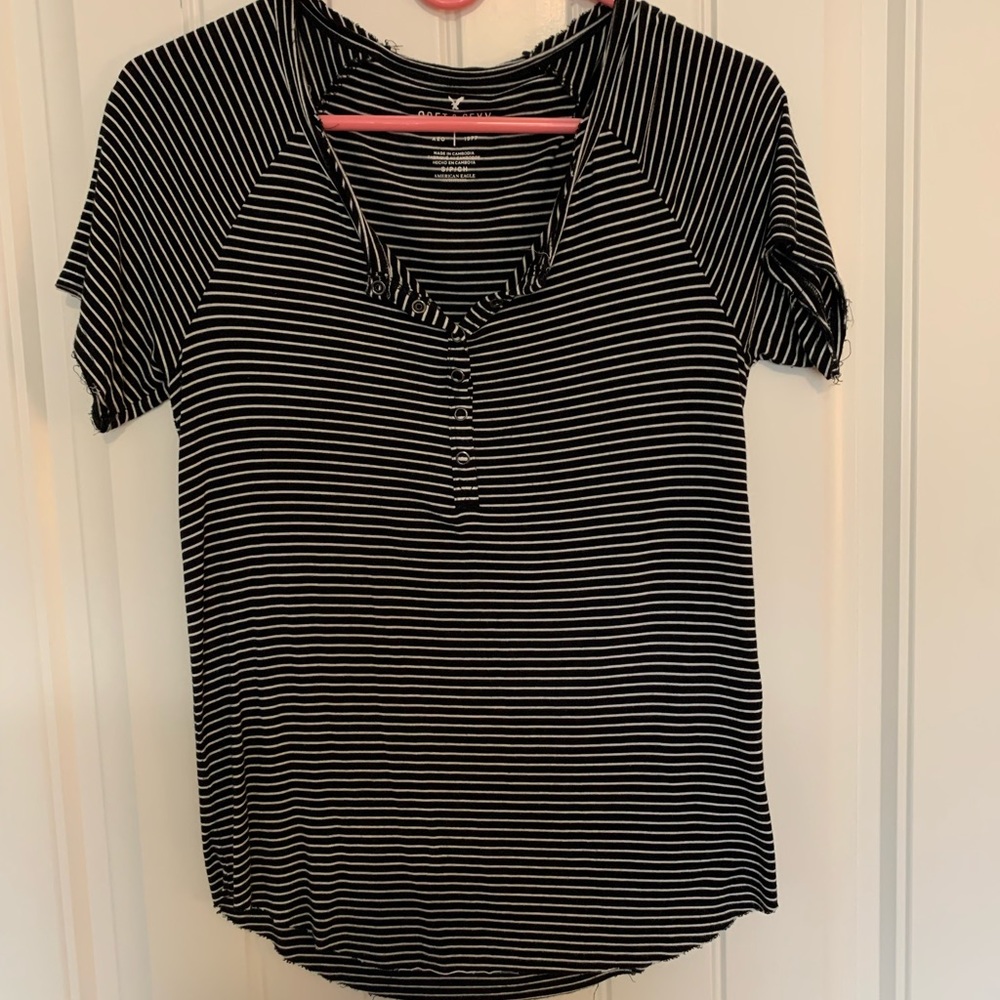 American Eagle AE Soft & Sexy Black/White Striped Quarter Button Up Women Size S